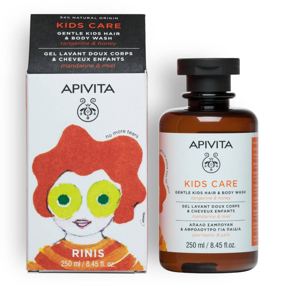 Apivita Kinder Haargel & Mandarinen Körper & Honig. Flasche und Verpackung. Aufdruck: Kids Care, 250 ml.