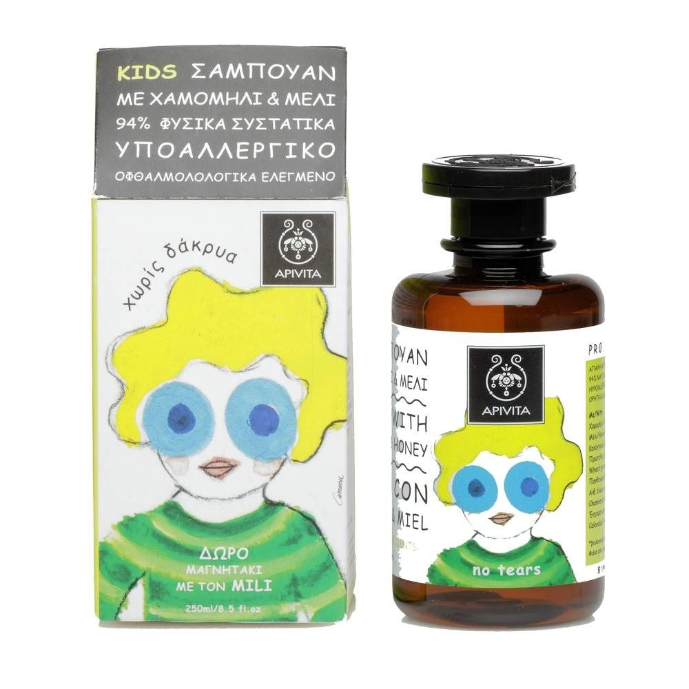 Apivita Kids Shampoing. Flasche und Karton mit Kinderzeichnung. Aufschrift: Kamille & Honig. Ohne Tränen.