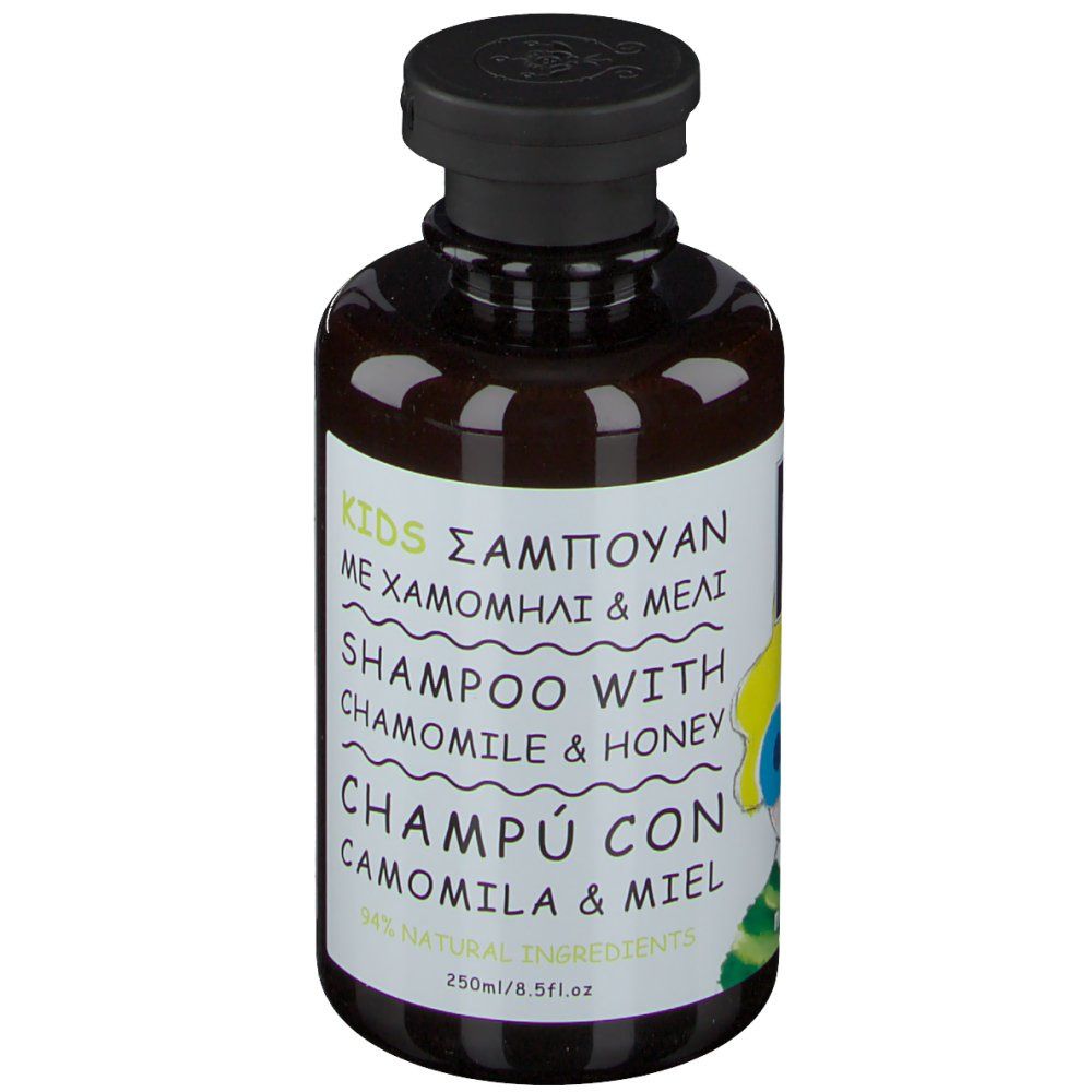 Apivita Kids Shampoing. Flasche mit Aufschrift: Shampoo mit Kamille & Honig. 94% natürliche Inhaltsstoffe.
