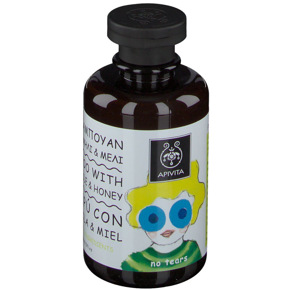 Apivita Kids Shampoing. Flasche mit Kinderzeichnung und Aufschrift: Kamille & Honig. Ohne Tränen. Apivita Logo.