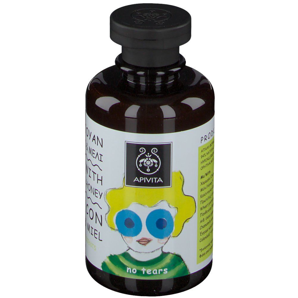 Apivita Kids Shampoing. Flasche mit Kinderzeichnung und Aufschrift: Kamille & Honig. Ohne Tränen. Apivita Logo.