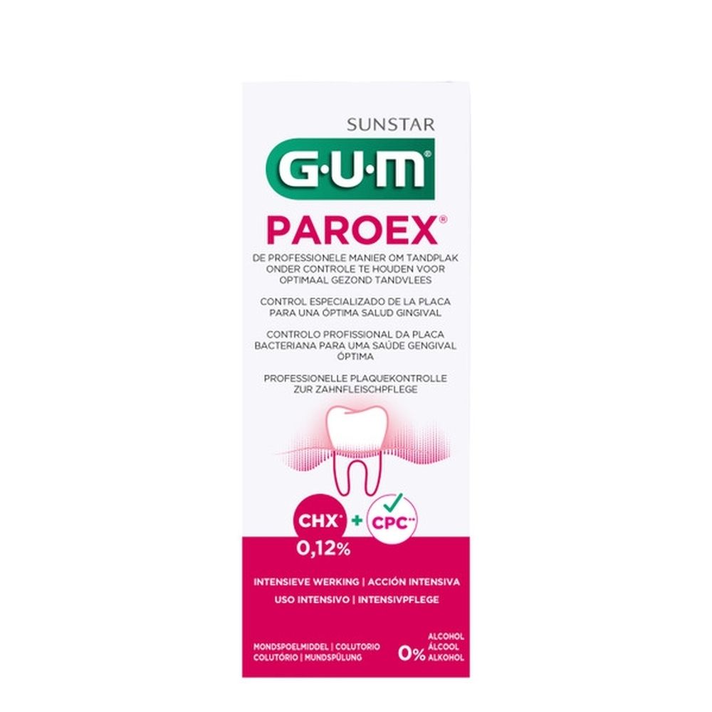 Bain de bouche GUM Paroex. Bouteille et emballage. Liquide rouge, bouchon blanc. Marque et nom du produit visibles.