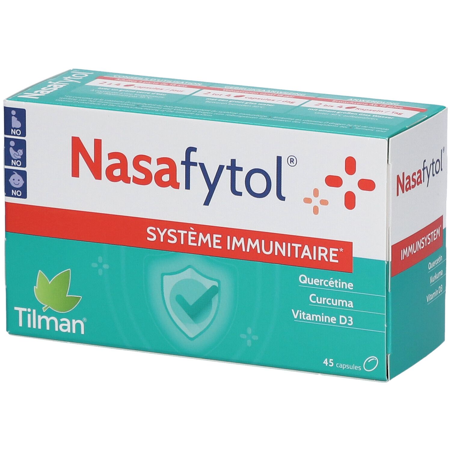Boîte Nasafytol, blanche et verte avec ligne rouge. Contient 45 capsules. Inscriptions : Système Immunitaire, Quercétine, Curcuma, Vitamine D3.
