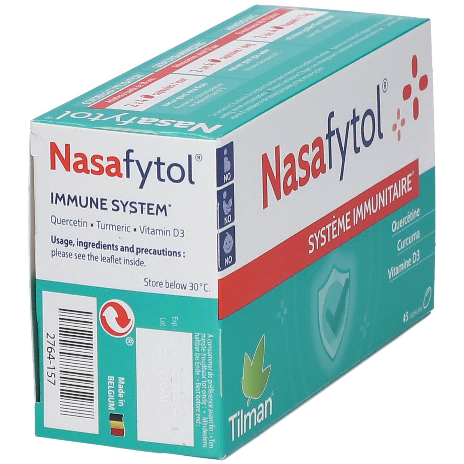 Boîte Nasafytol en biais. Blanche et verte avec ligne rouge. Contient 45 capsules. Inscriptions : Immune System, Quercetin, Curcuma, Vitamine D3.