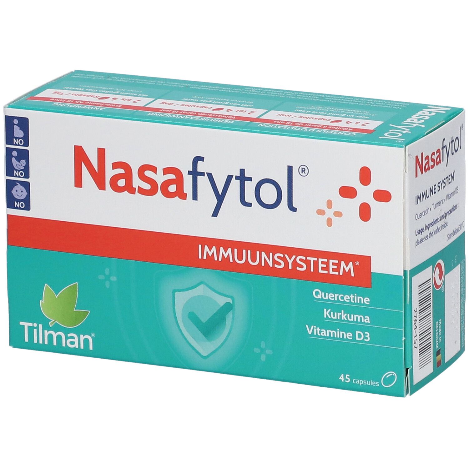 Boîte Nasafytol, blanche et verte avec ligne rouge. Contient 45 capsules. Inscriptions : Immuunsysteem, Quercetine, Curcuma, Vitamine D3.