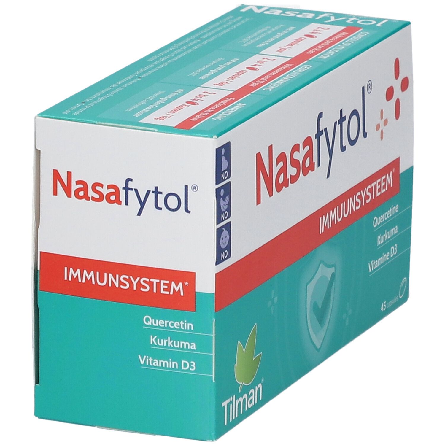 Boîte Nasafytol en biais. Blanche et verte avec ligne rouge. Contient 45 capsules. Inscriptions : Immuunsysteem, Quercetine, Curcuma, Vitamine D3.