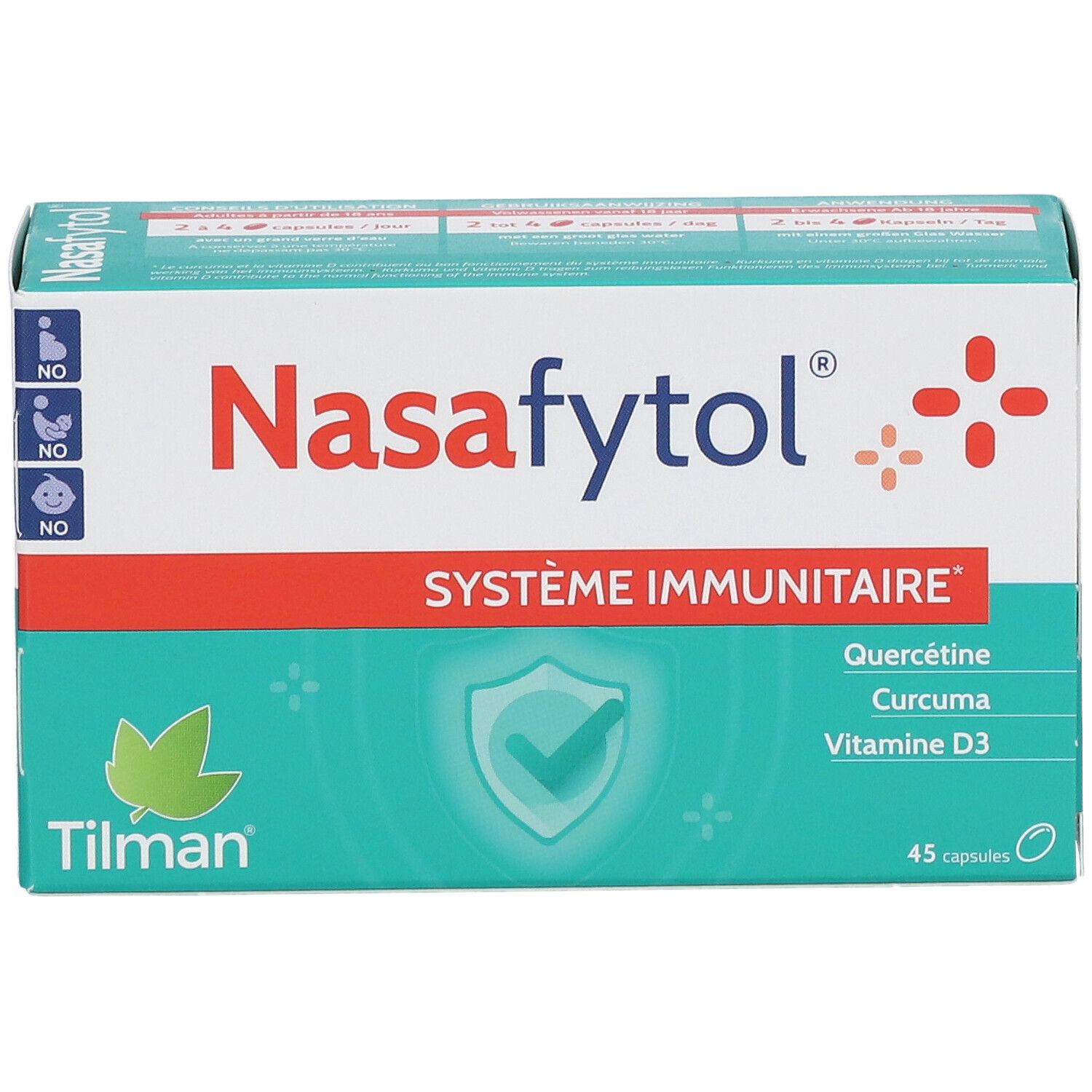 Boîte Nasafytol, blanche et verte avec ligne rouge. Contient 45 capsules. Inscriptions : Système Immunitaire, Quercétine, Curcuma, Vitamine D3.