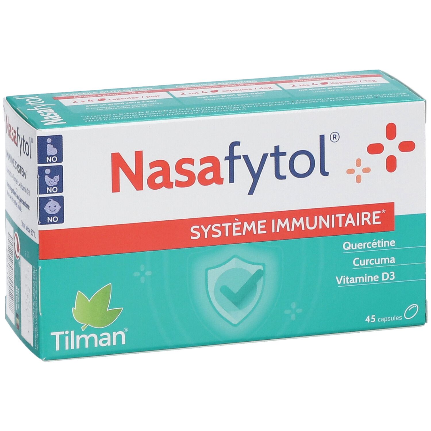 Boîte Nasafytol, blanche et verte avec ligne rouge. Contient 45 capsules. Inscriptions : Système Immunitaire, Quercétine, Curcuma, Vitamine D3.