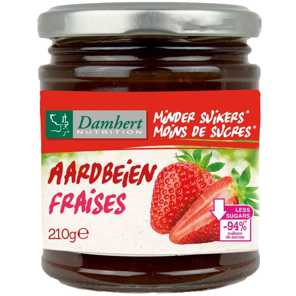 Erdbeermarmelade im Glas, 210g, mit reduziertem Zuckergehalt.