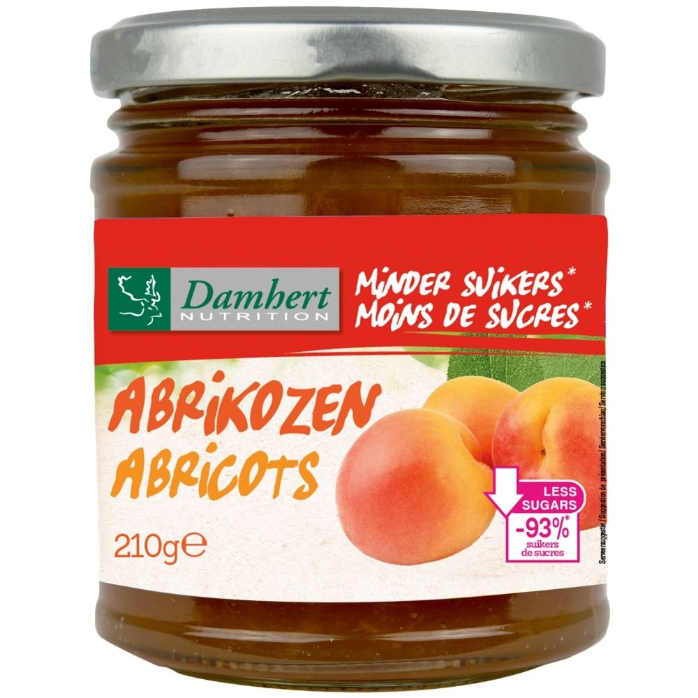 Aprikosenmarmelade im Glas, 210g, mit reduziertem Zuckergehalt.