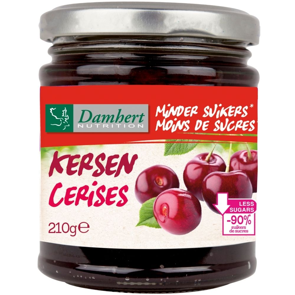 Glas Kirschkonfitüre mit 210g, Dambert Nutrition, weniger Zucker.