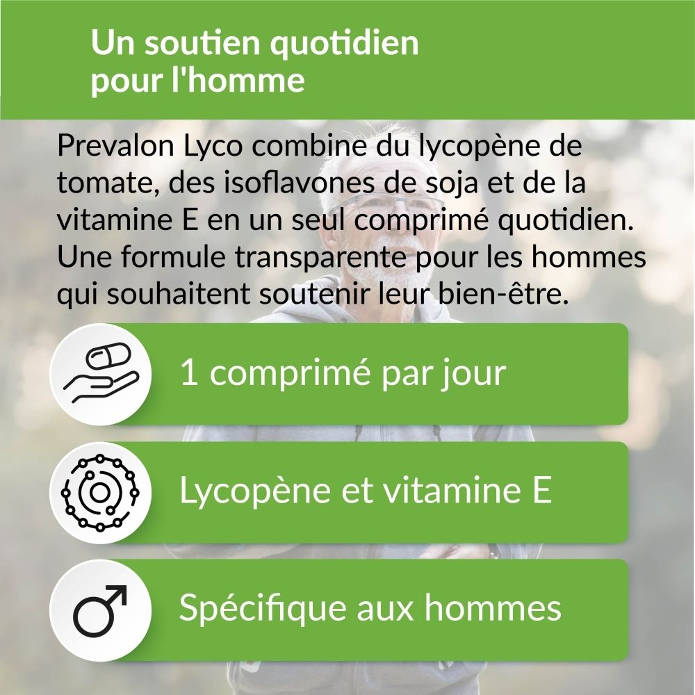Prevalon Lyco: soutien quotidien pour hommes avec 1 comprimé, lycopène et vitamine E.