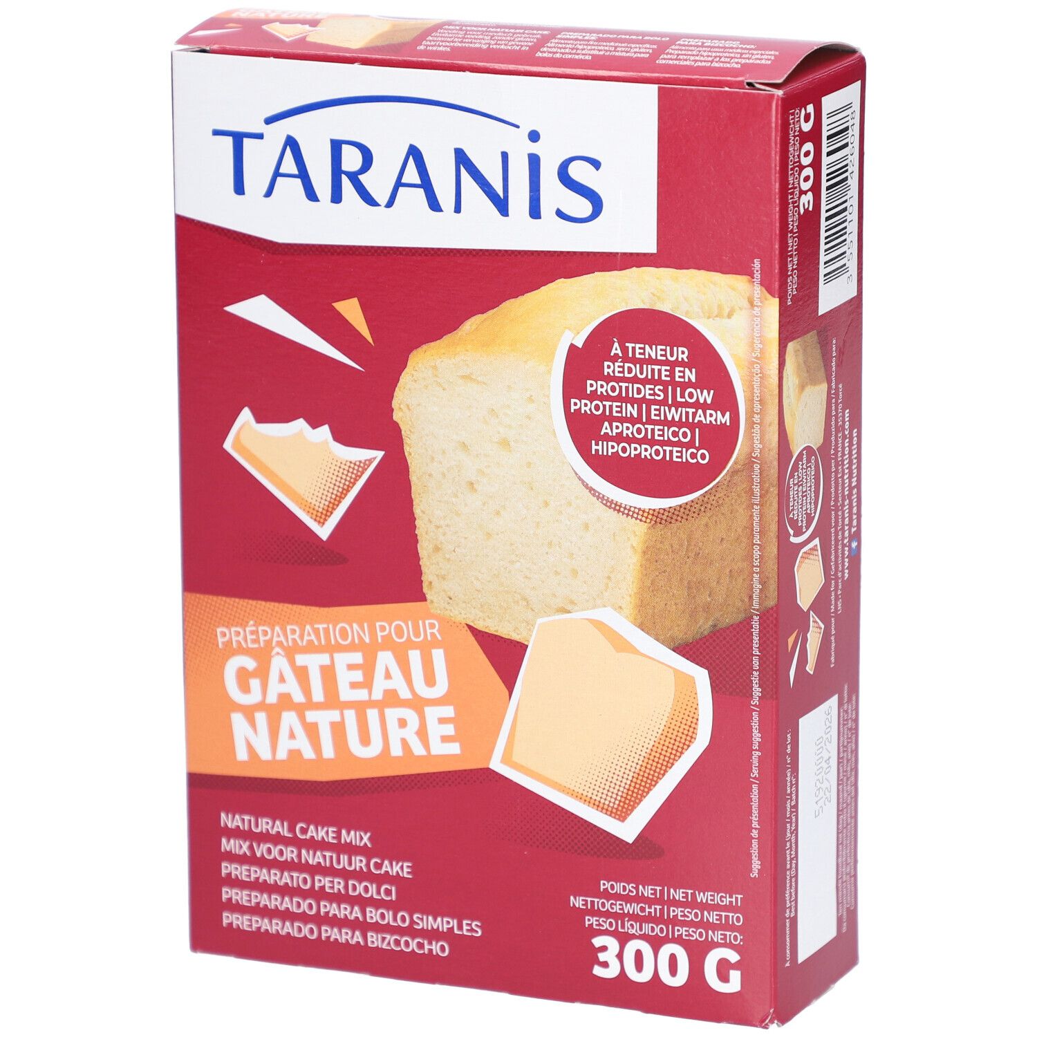 Rote Kartonverpackung mit Kuchenstück-Illustration. Aufschrift: Taranis, Préparation pour Gâteau Nature, 300g.