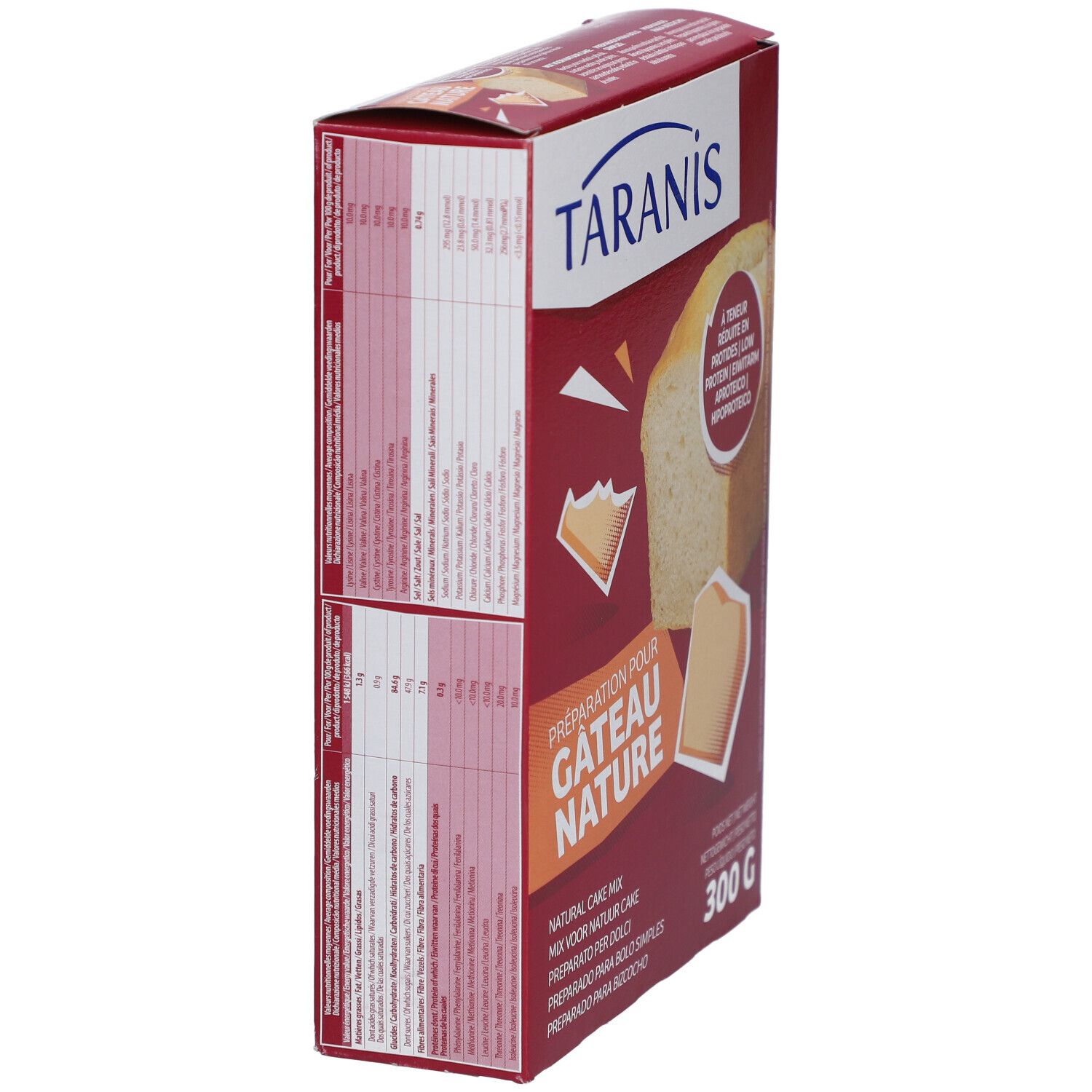 Kartonverpackung, rote Farbe, mit Kuchenstück-Illustration. Aufschrift: Taranis, Préparation pour Gâteau Nature, 300g.