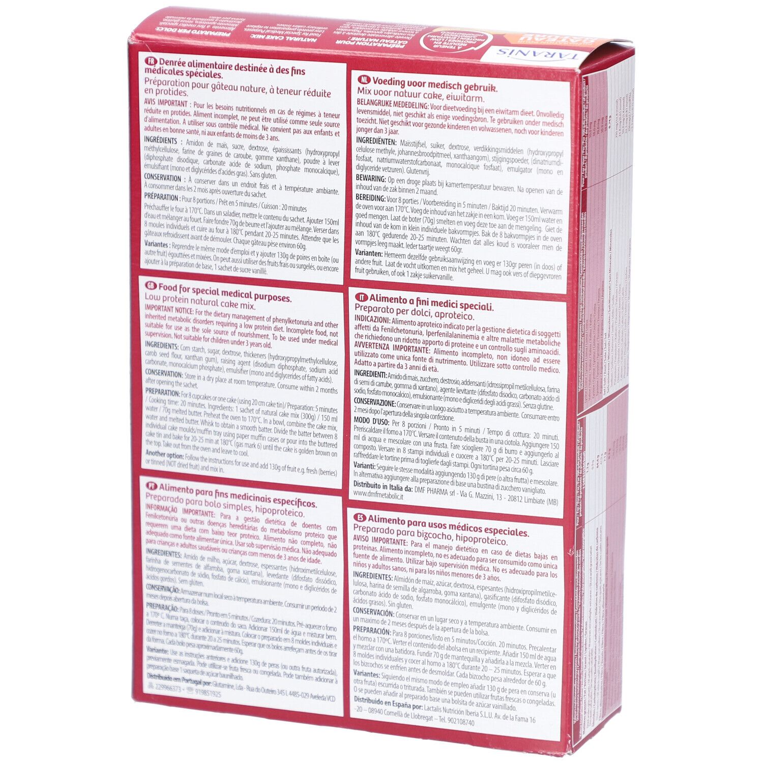 Rückseite der Kartonverpackung. Text in mehreren Sprachen. Aufschrift: Préparation pour Gâteau Nature, 300g.