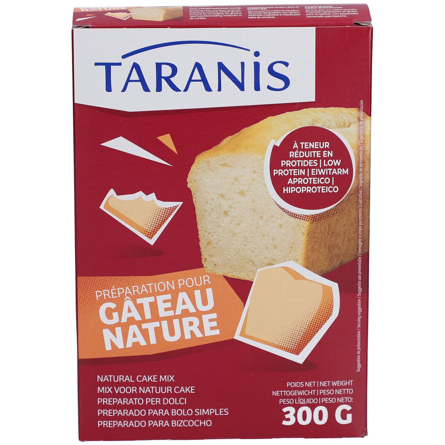 Rote Kartonverpackung mit Kuchenstück-Illustration. Aufschrift: Taranis, Préparation pour Gâteau Nature, 300g.