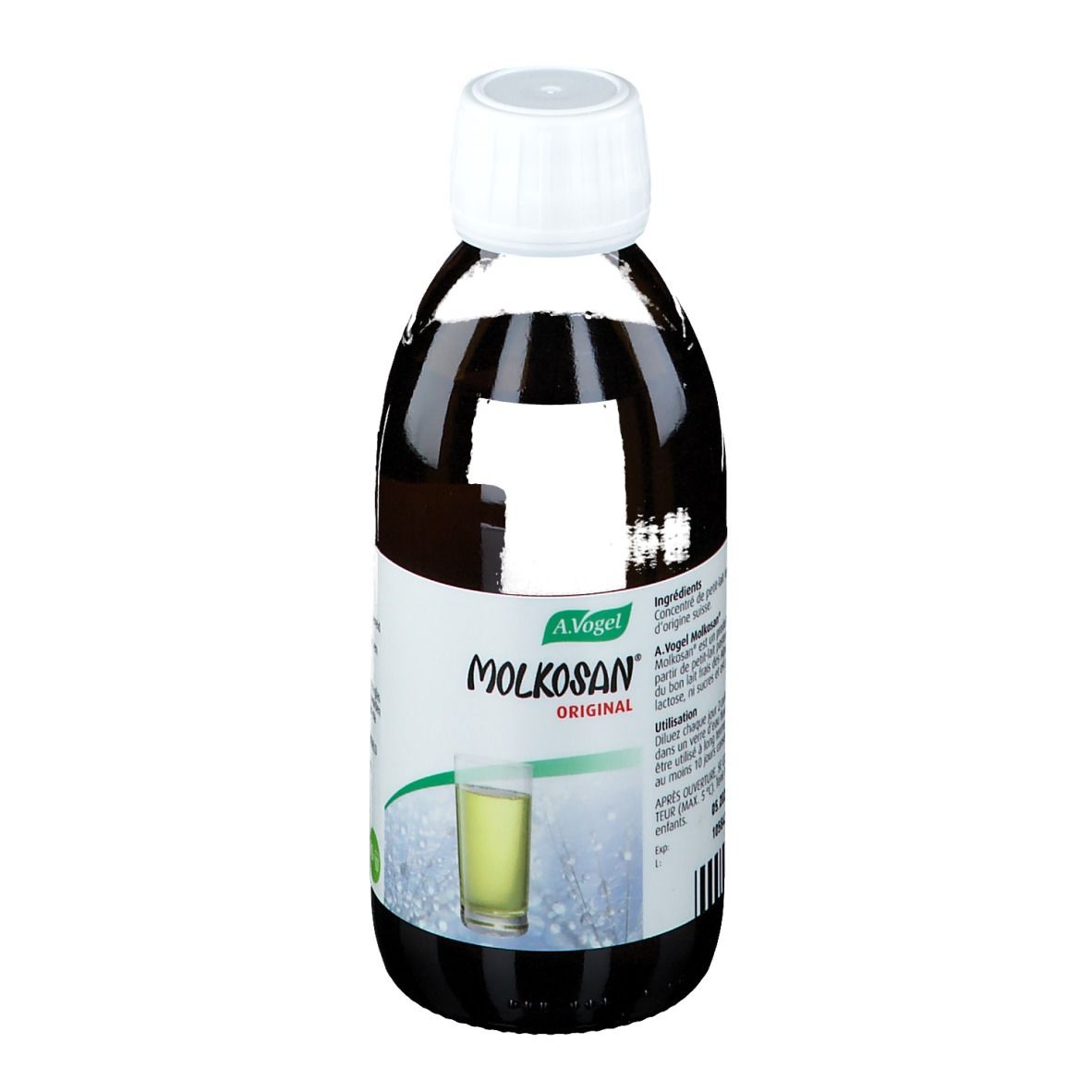 A. Vogel Molkosan Original Flasche. Braune Flüssigkeit, weißer Deckel. Etikett mit Produktinformationen.