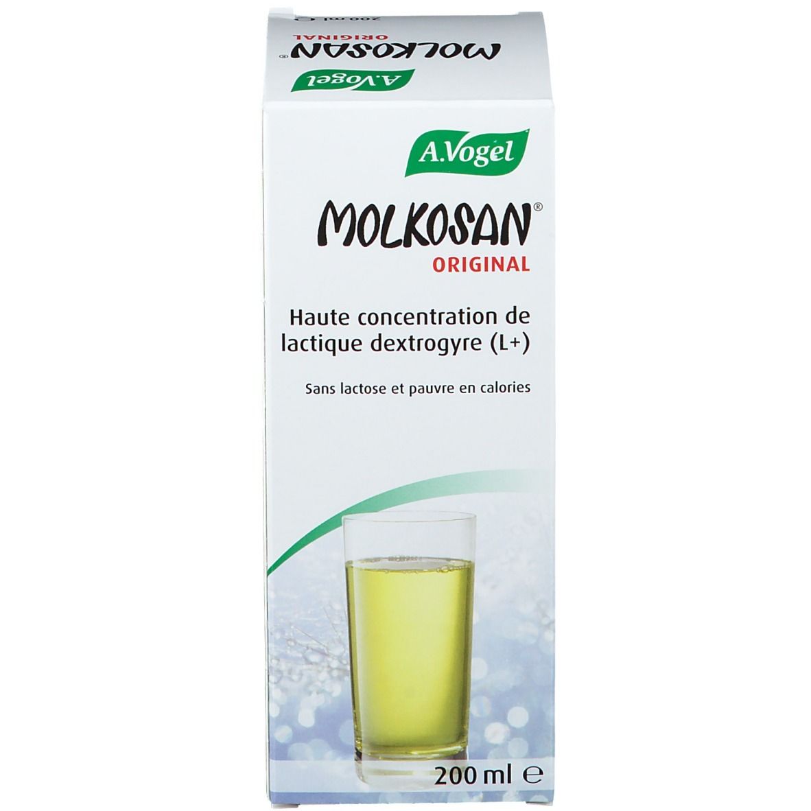 A. Vogel Molkosan Original Verpackung. Weißer Karton mit Produktnamen und Glas-Abbildung. 200 ml.