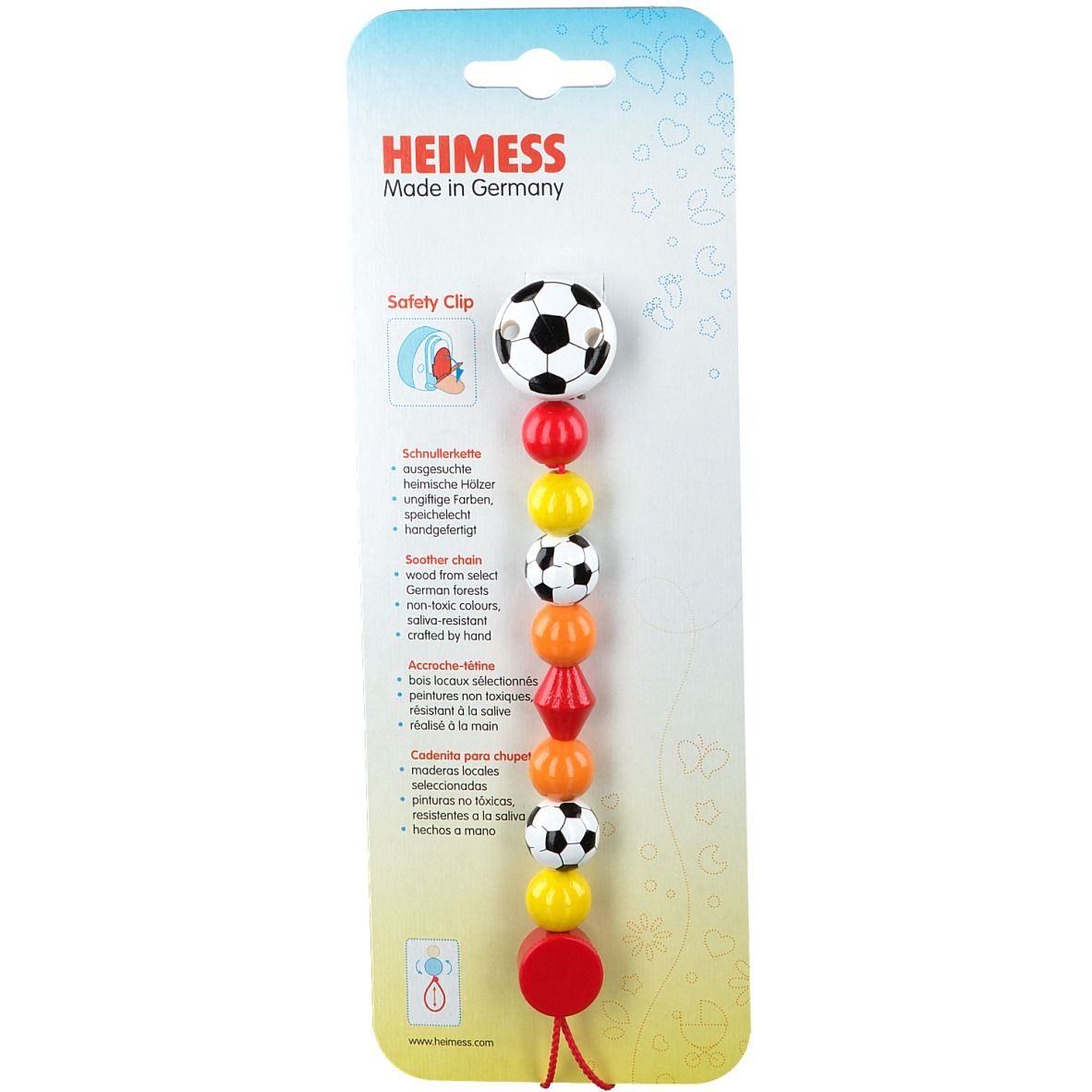 Attache-tétine avec motif ballon de foot. Perles en bois multicolores. Avec clip et cordon rouge. Logo HEIMESS.