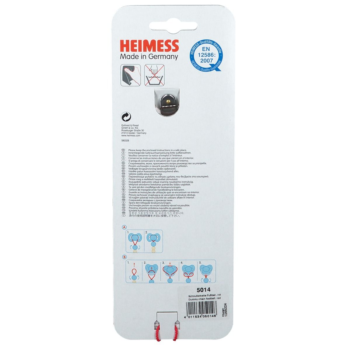 Dos de l'emballage de l'attache-tétine. Informations, pictogrammes et certification EN 12586:2007.