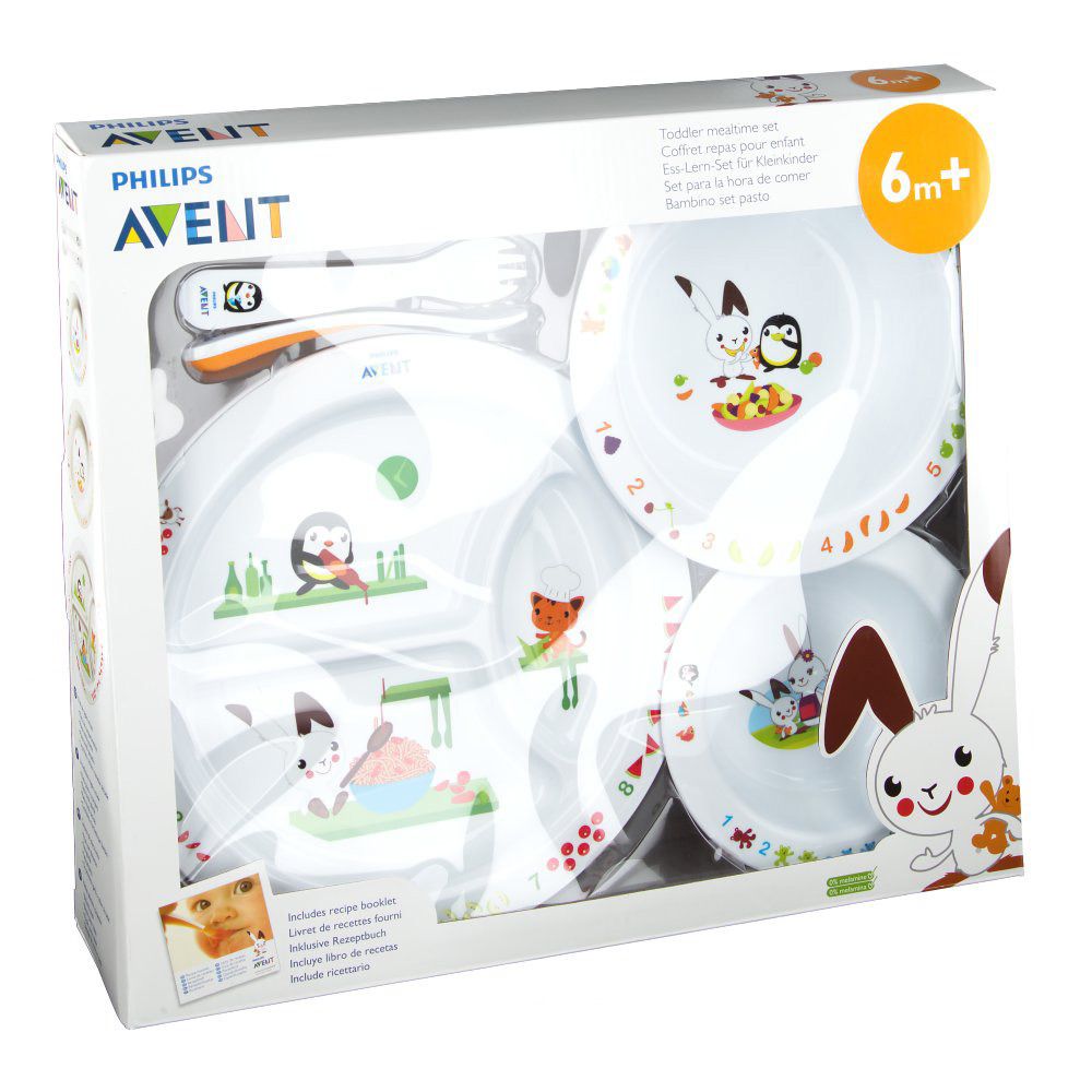 Ess-Lern-Set in Box. Teller, Schalen, Löffel und Gabel. Mit Hasen- und Tiermotiven. Altersempfehlung: 6+ Monate.