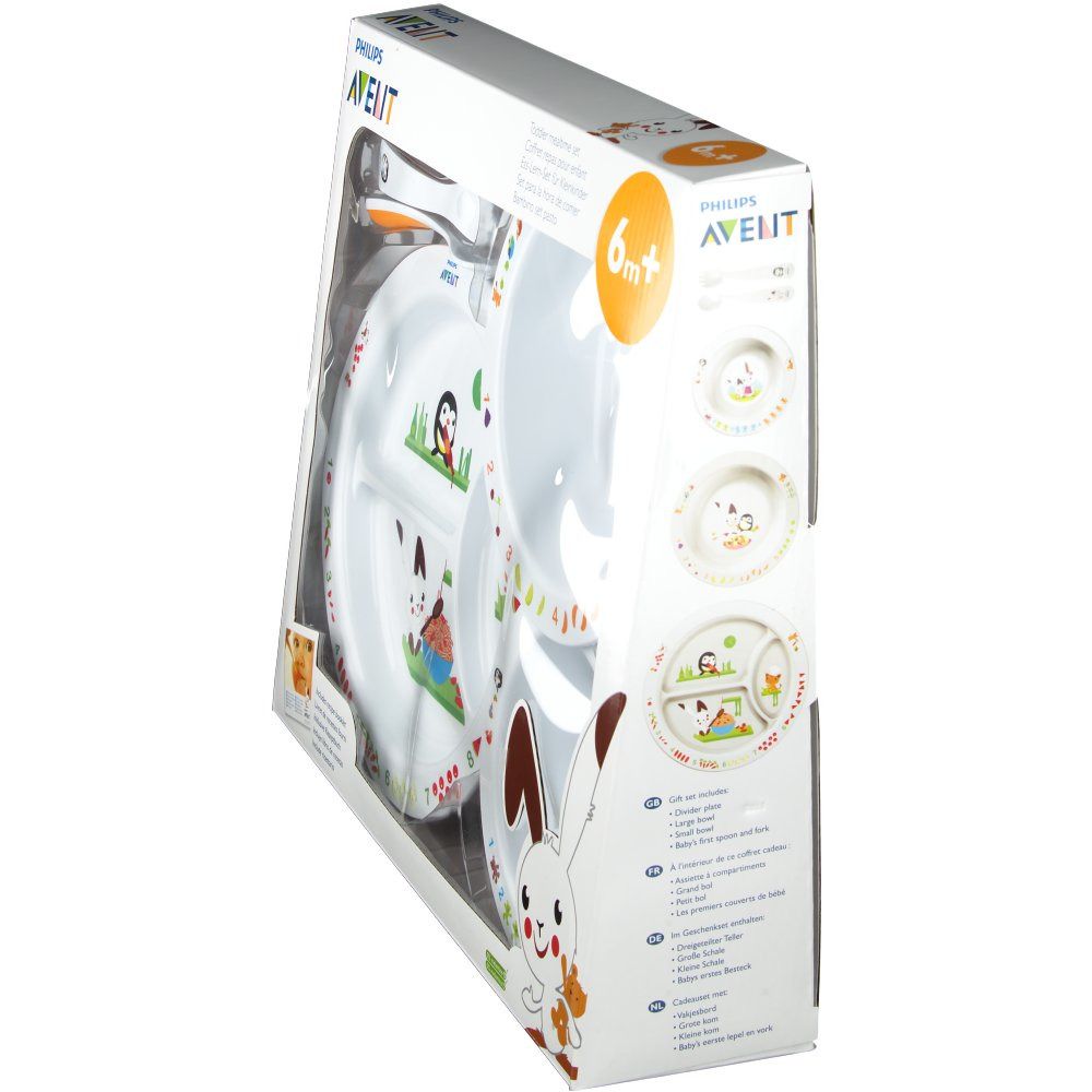 Ess-Lern-Set in Box. Teller, Schalen, Löffel und Gabel. Mit Hasen- und Tiermotiven. Seitenansicht der Verpackung.