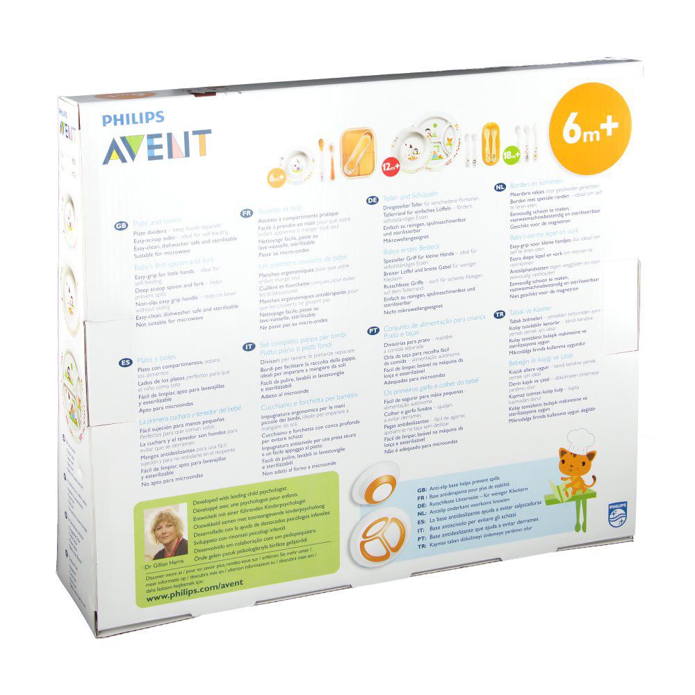 Rückseite der Verpackung des Ess-Lern-Sets. Text in mehreren Sprachen. Mit Abbildungen der Produkte.