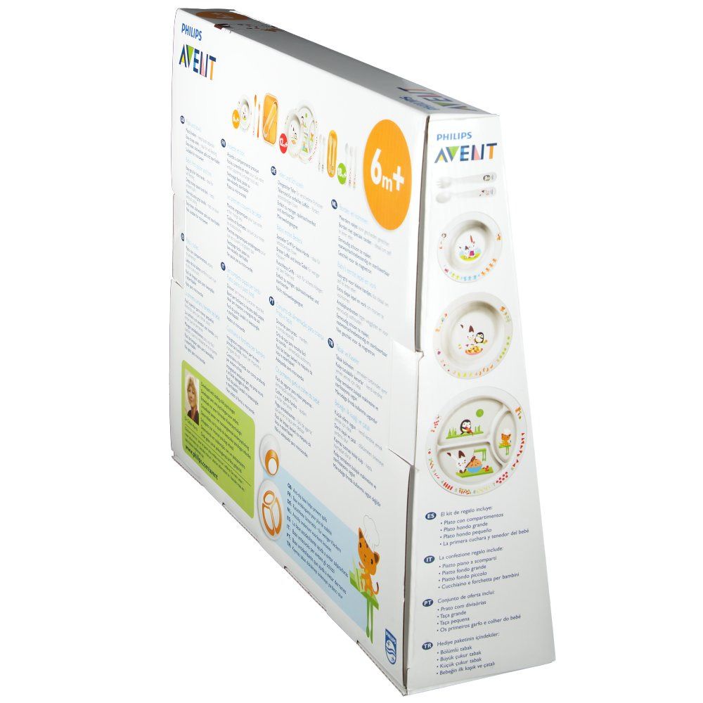 Seitenansicht der Verpackung des Ess-Lern-Sets. Text in mehreren Sprachen. Mit Abbildungen der Produkte.