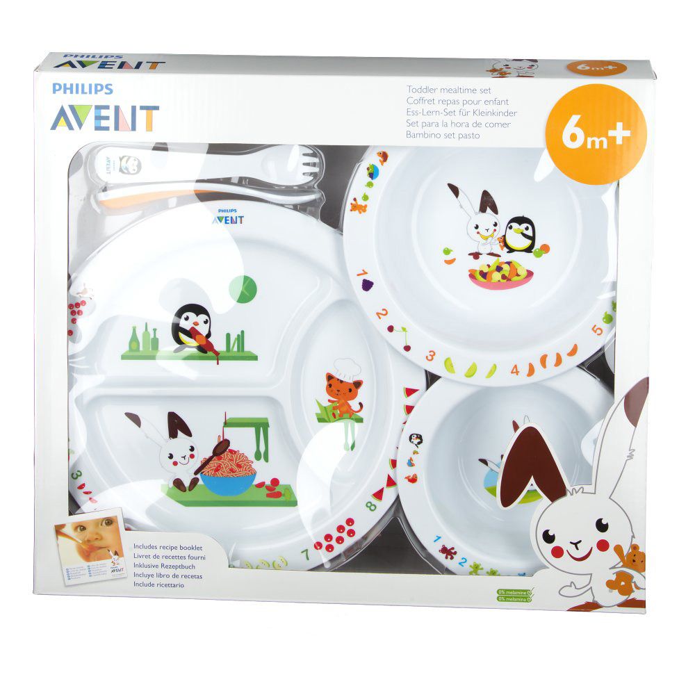 Ess-Lern-Set in Box. Teller, Schalen, Löffel und Gabel. Mit Hasen- und Tiermotiven. Altersempfehlung: 6+ Monate.