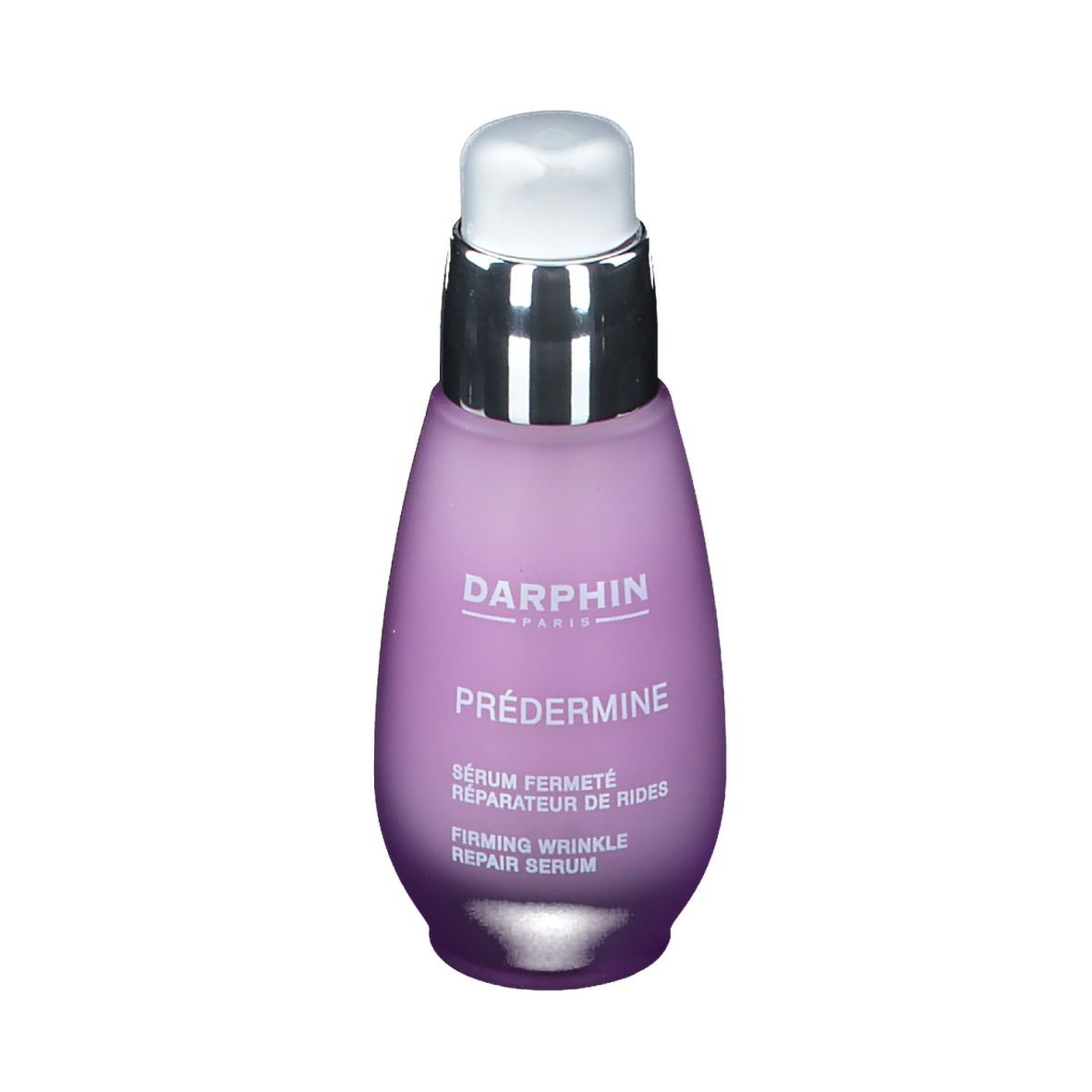 Flasche mit Serum. Lila Farbverlauf, silberner Pumpkopf. Aufschrift: DARPHIN, PRÈDERMINE, Serum.