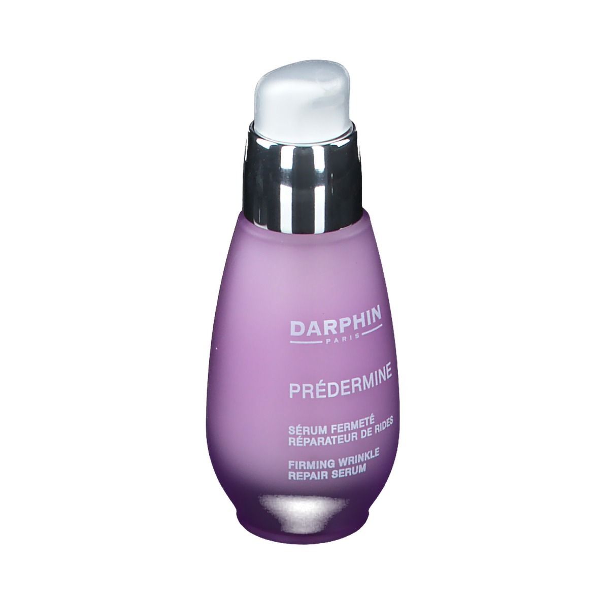 Serumflasche. Lila Farbverlauf, silberner Pumpkopf. Aufschrift: DARPHIN, PRÈDERMINE, Serum.