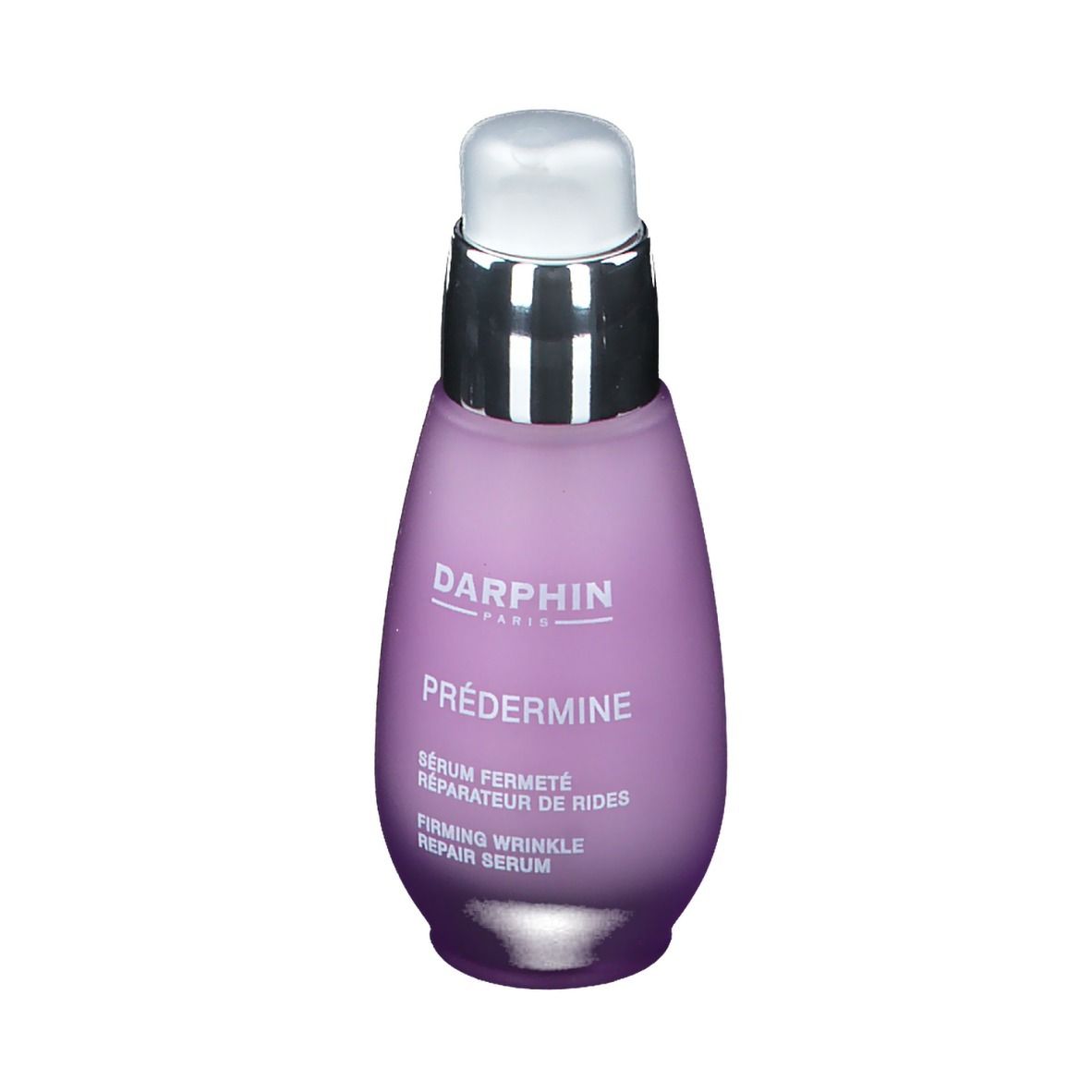 Serumflasche. Lila Farbverlauf, silberner Pumpkopf. Aufschrift: DARPHIN, PRÈDERMINE, Serum.