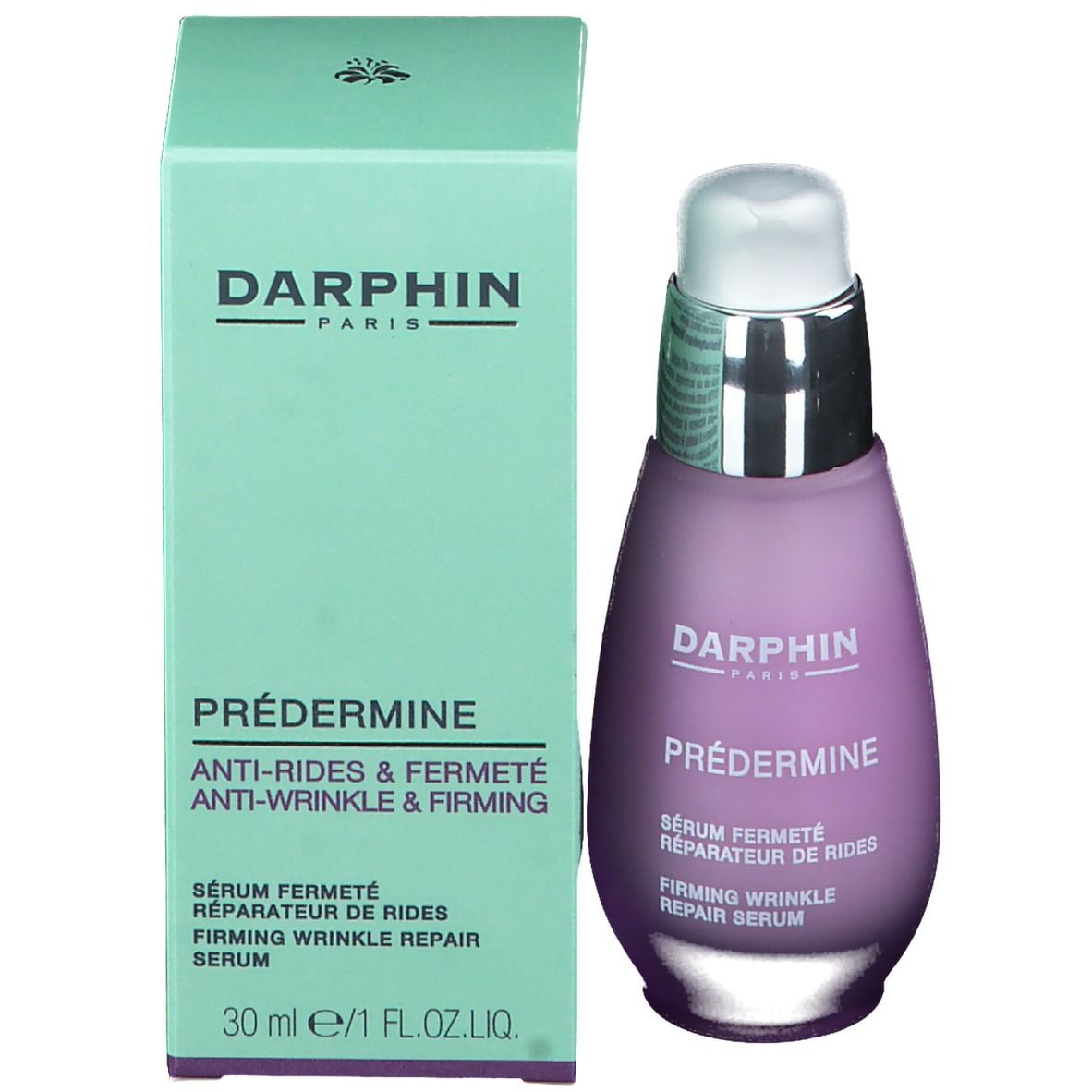 Serumflasche und Schachtel. Schachtel grün, Aufschrift: PRÈDERMINE, Anti-Falten. Flasche: DARPHIN, PRÈDERMINE, Serum.