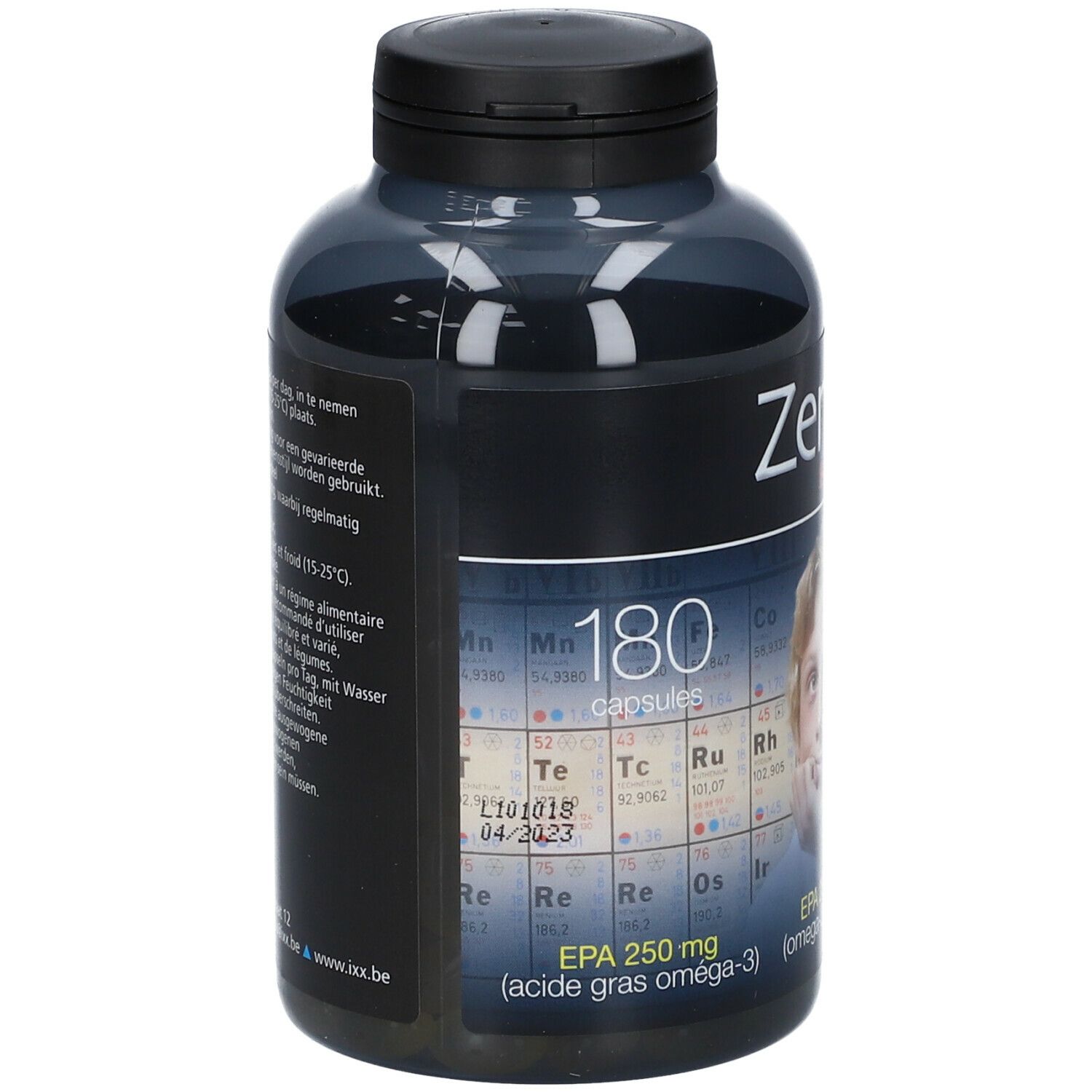 Dos d'un flacon gris foncé avec bouchon noir. Inscription ZenixX. 180 capsules. EPA 250 mg. Date de péremption.