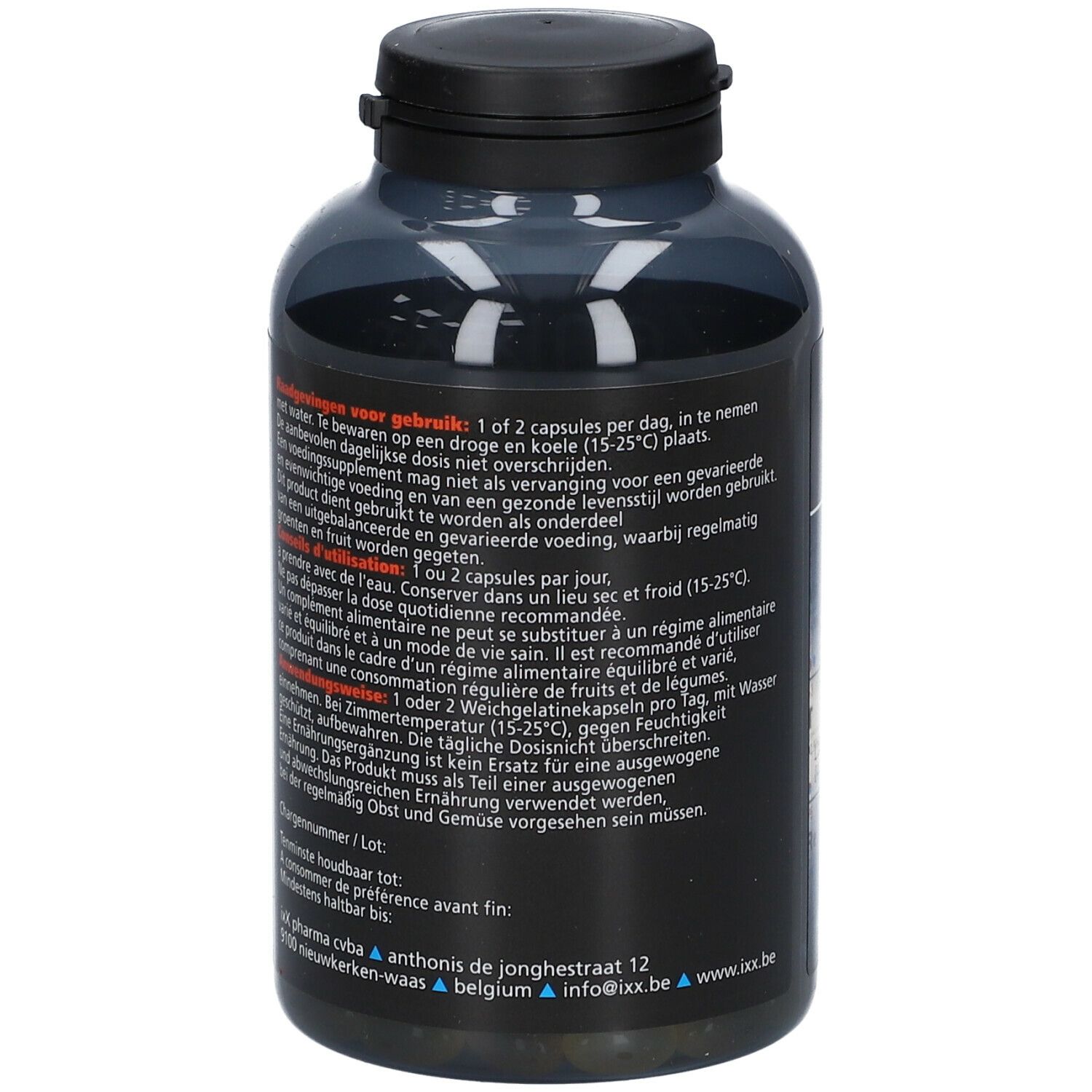 Dos d'un flacon gris foncé avec bouchon noir. Texte sur l'utilisation. Informations du fabricant.
