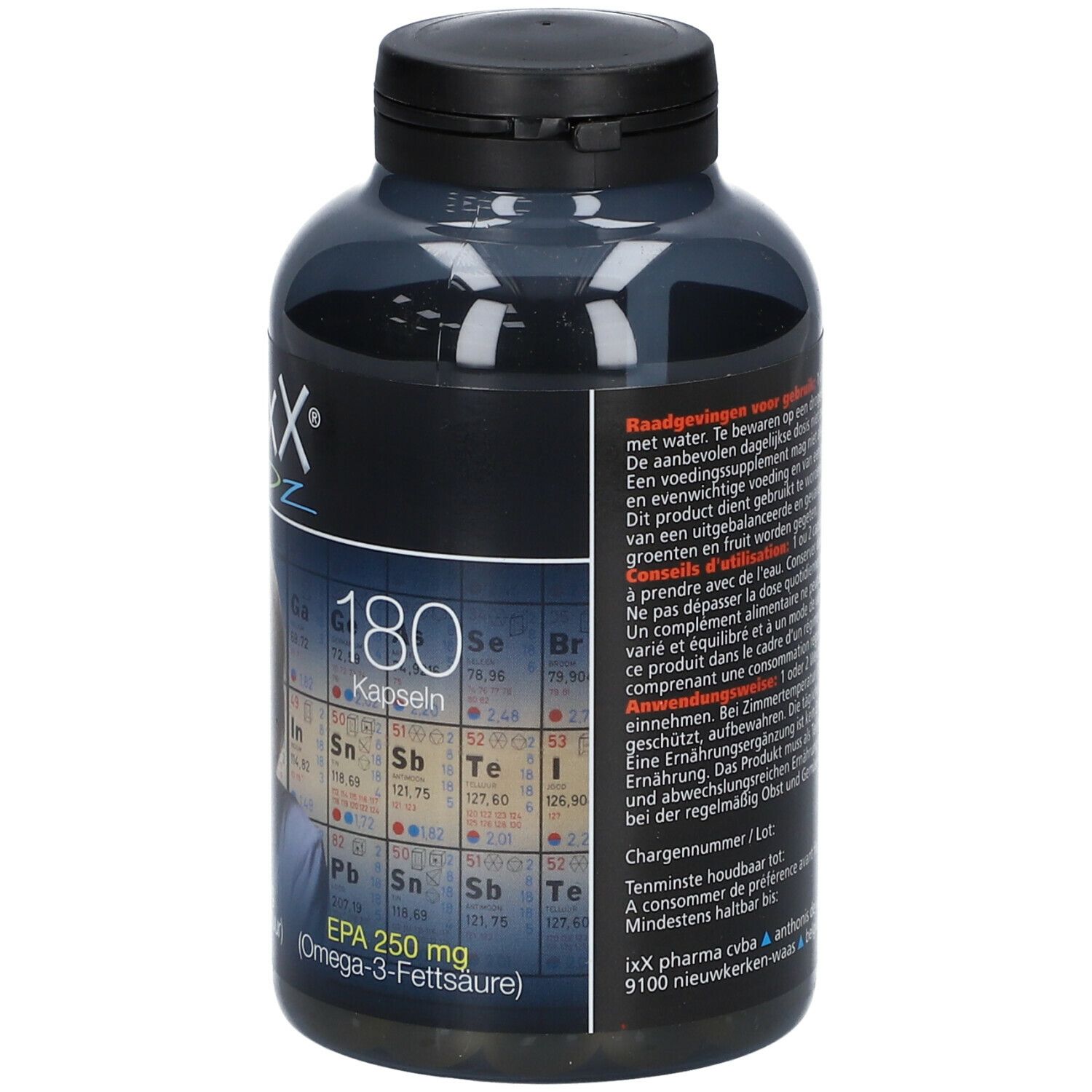 Dos d'un flacon gris foncé avec bouchon noir. Inscription ZenixX. 180 capsules. EPA 250 mg. Acides gras oméga-3.
