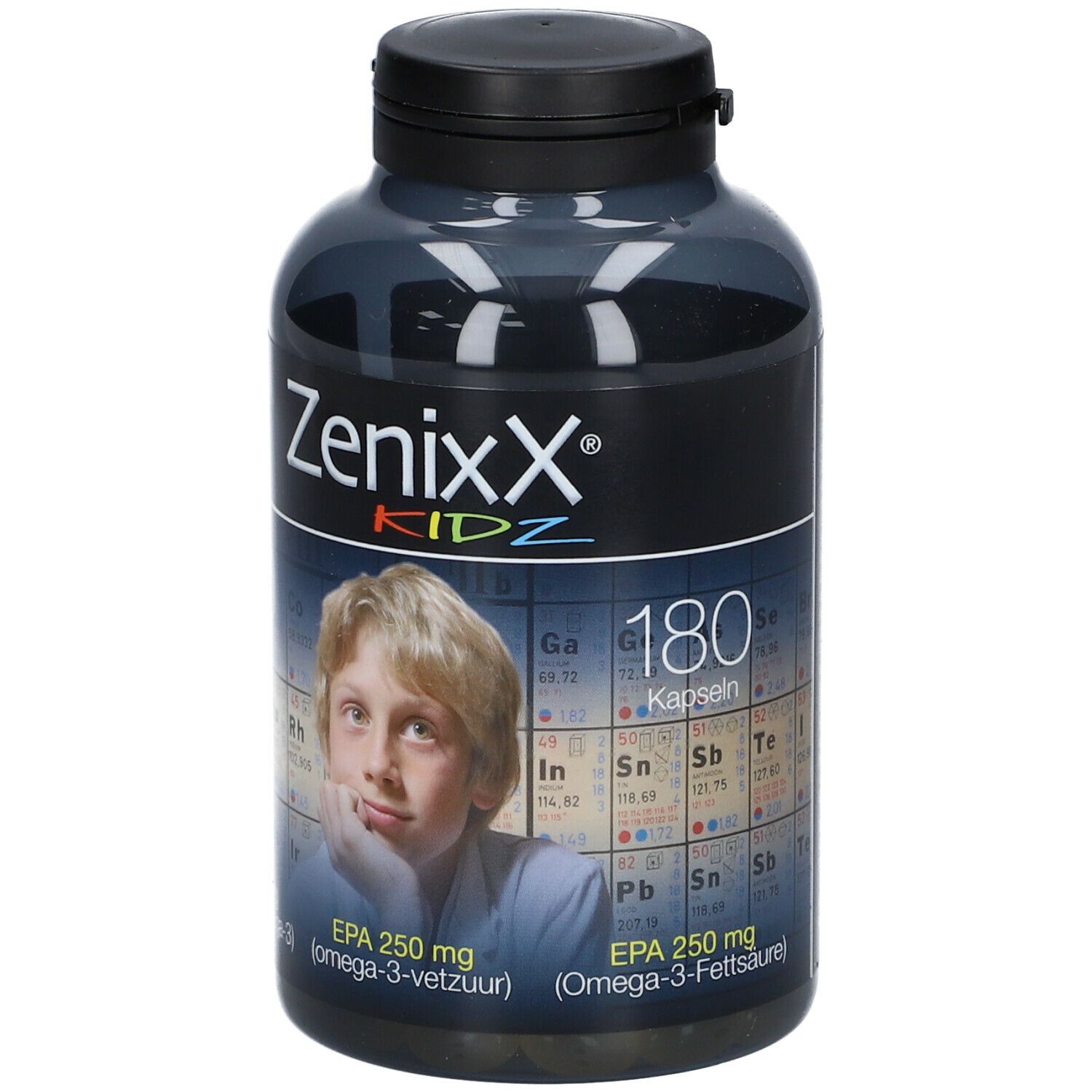 Flacon gris foncé avec bouchon noir. Inscription ZenixX Kidz, image d'un garçon. 180 capsules, EPA 250 mg.