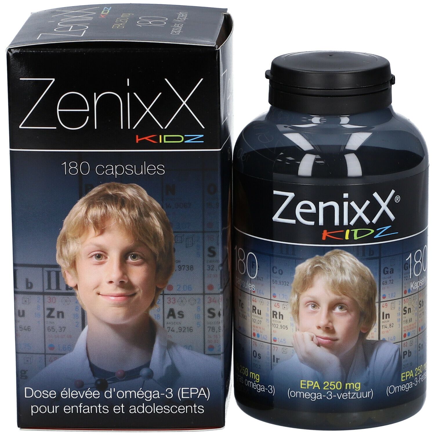 Flacon et boîte ZenixX Kidz. Inscription 180 capsules. Image d'un garçon. EPA 250 mg. Dose élevée d'oméga-3.