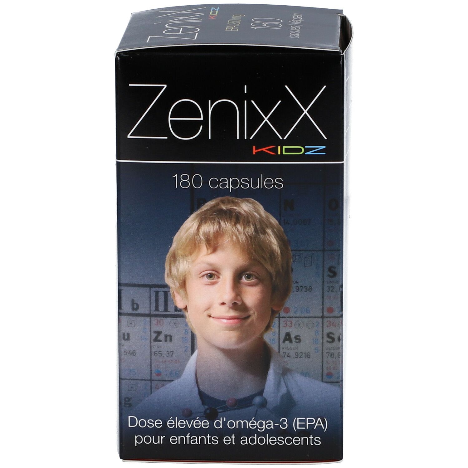 Boîte ZenixX Kidz. Inscription 180 capsules. Image d'un garçon. Dose élevée d'oméga-3 (EPA) pour enfants et adolescents.