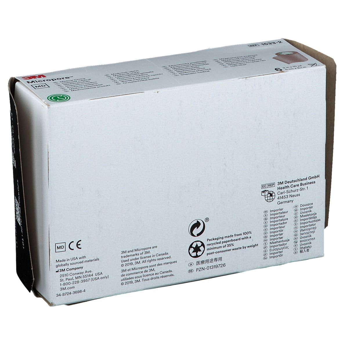 Dos de l'emballage de ruban chirurgical. Nom du produit et logo visibles.