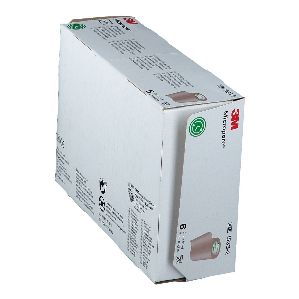 Vue oblique de l'emballage de ruban chirurgical. Nom du produit et logo visibles.