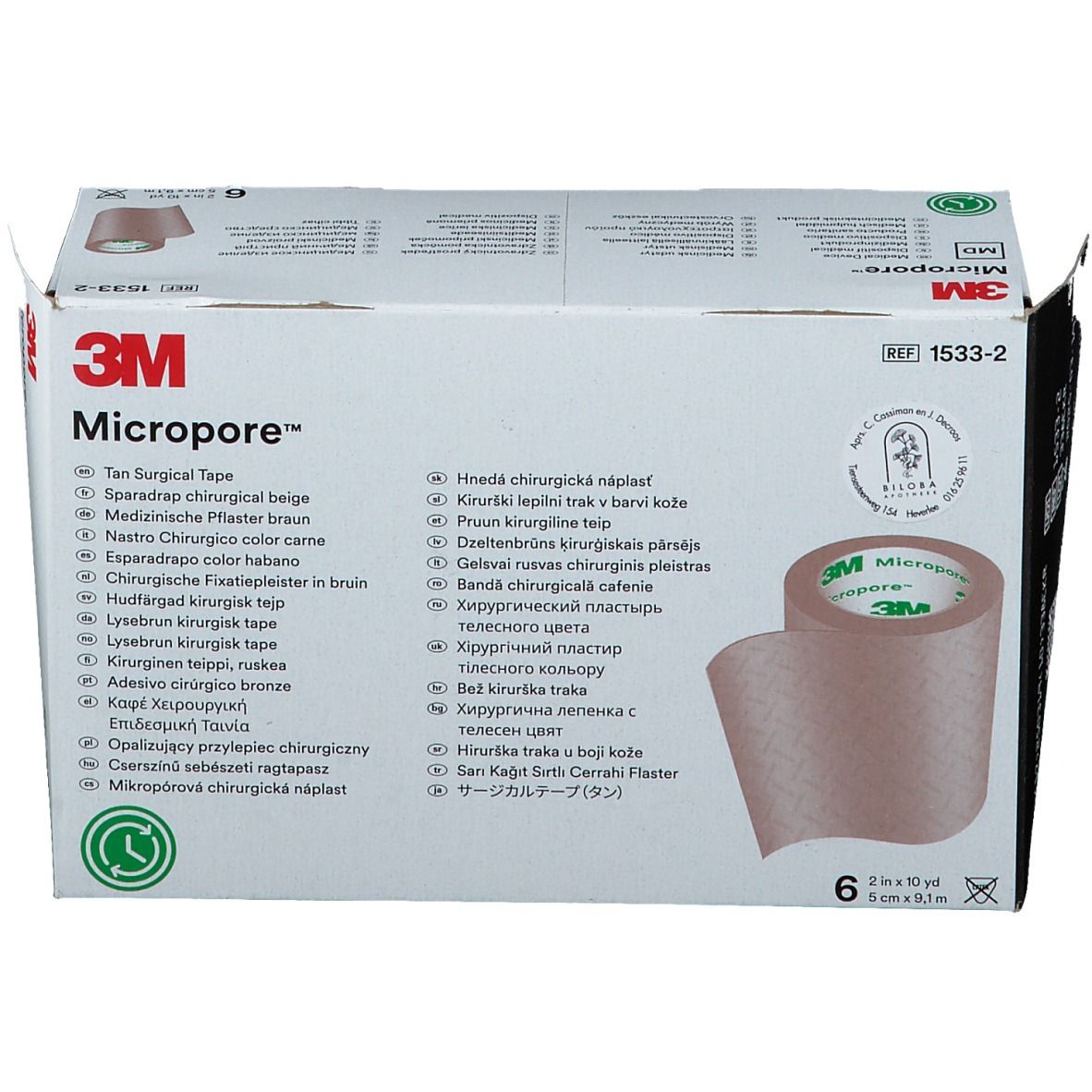 Emballage de ruban chirurgical. Nom du produit, taille et logo visibles.