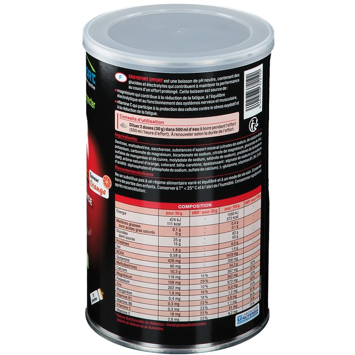 Rückseite der Dose ERGYSPORT EFFORT. Enthält Informationen zu Inhaltsstoffen, Nährwerten und Anwendung. Text in französischer Sprache.