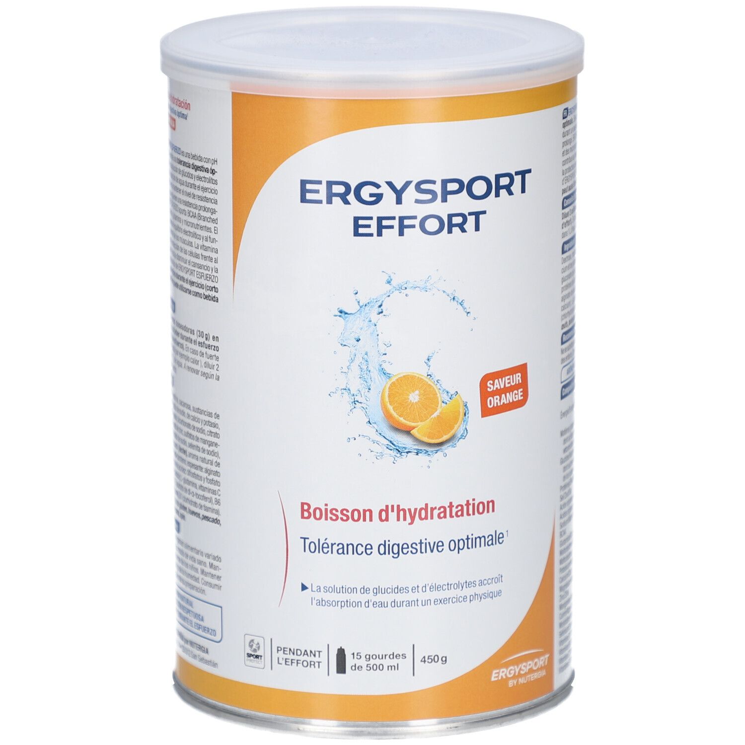 Dose ERGYSPORT EFFORT, orangefarbenes Getränk. Aufschrift: Boisson d'hydratation, Saveur Orange. Wasser und Orangen abgebildet.
