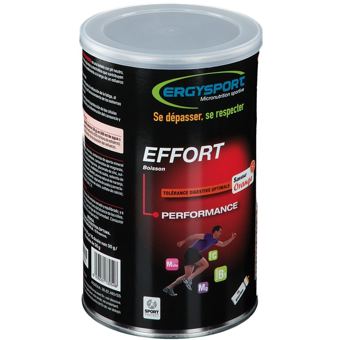 Dose ERGYSPORT EFFORT, orangefarbenes Getränk. Aufschrift: Effort, Performance. Enthält Vitamine und Mineralien. Sportler-Abbildung.