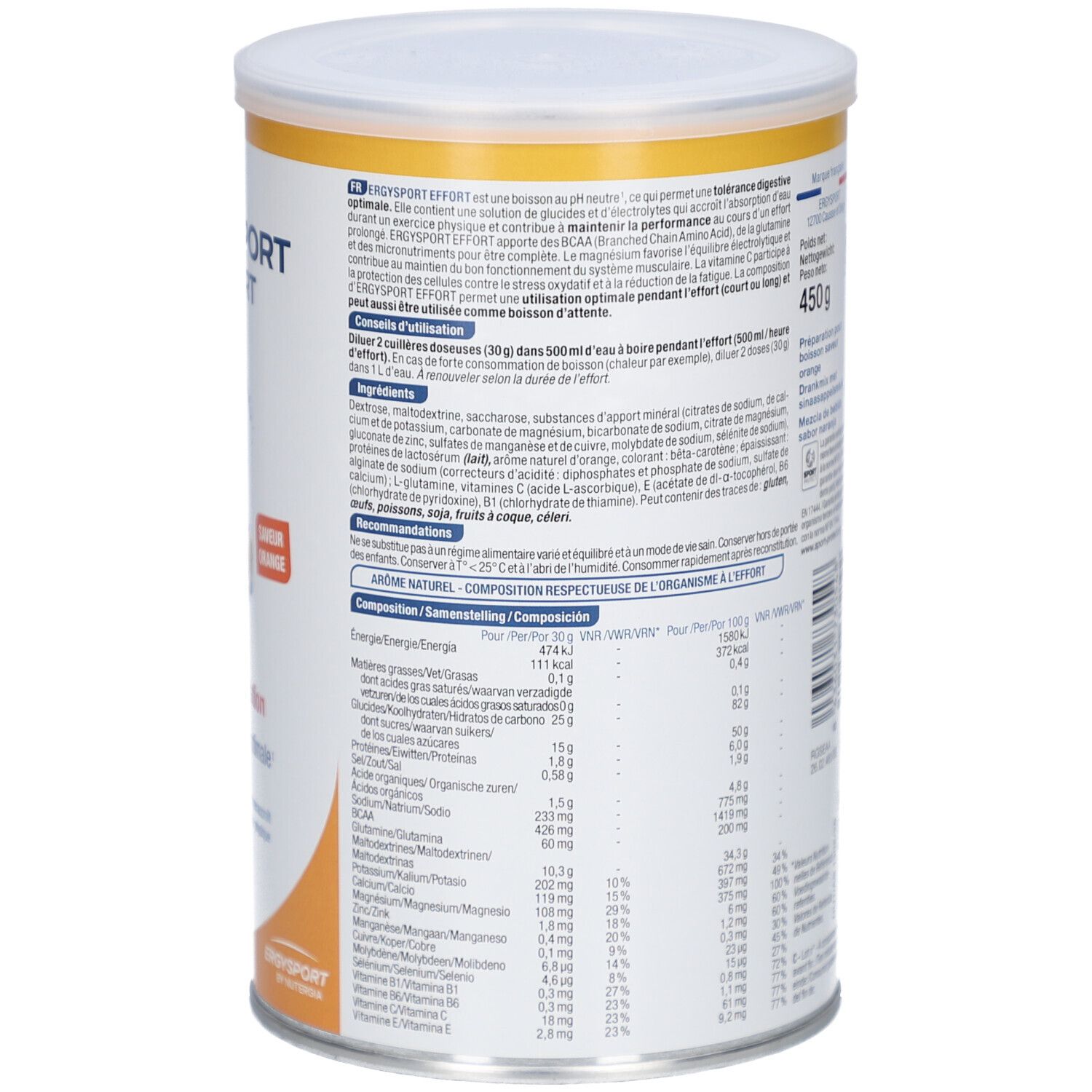 Rückseite der Dose ERGYSPORT EFFORT. Enthält Informationen zu Inhaltsstoffen, Nährwerten und Anwendung. Text in französischer Sprache.