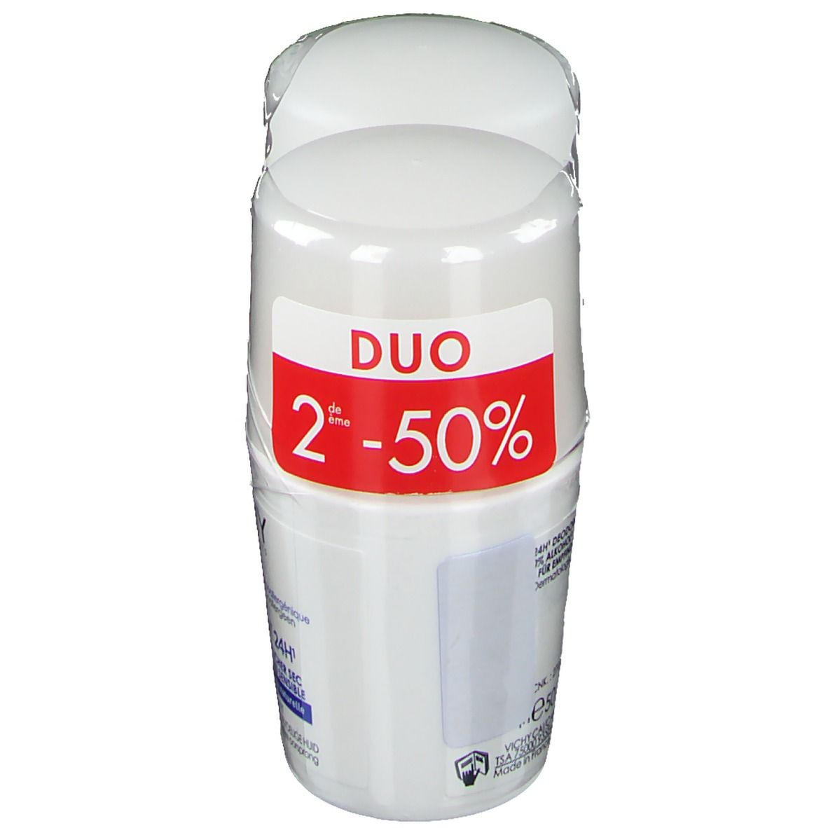 Deux roll-on emballés. Autocollant rouge avec offre Duo: 2 pour moitié prix. Marque VICHY. Roll-on blancs.