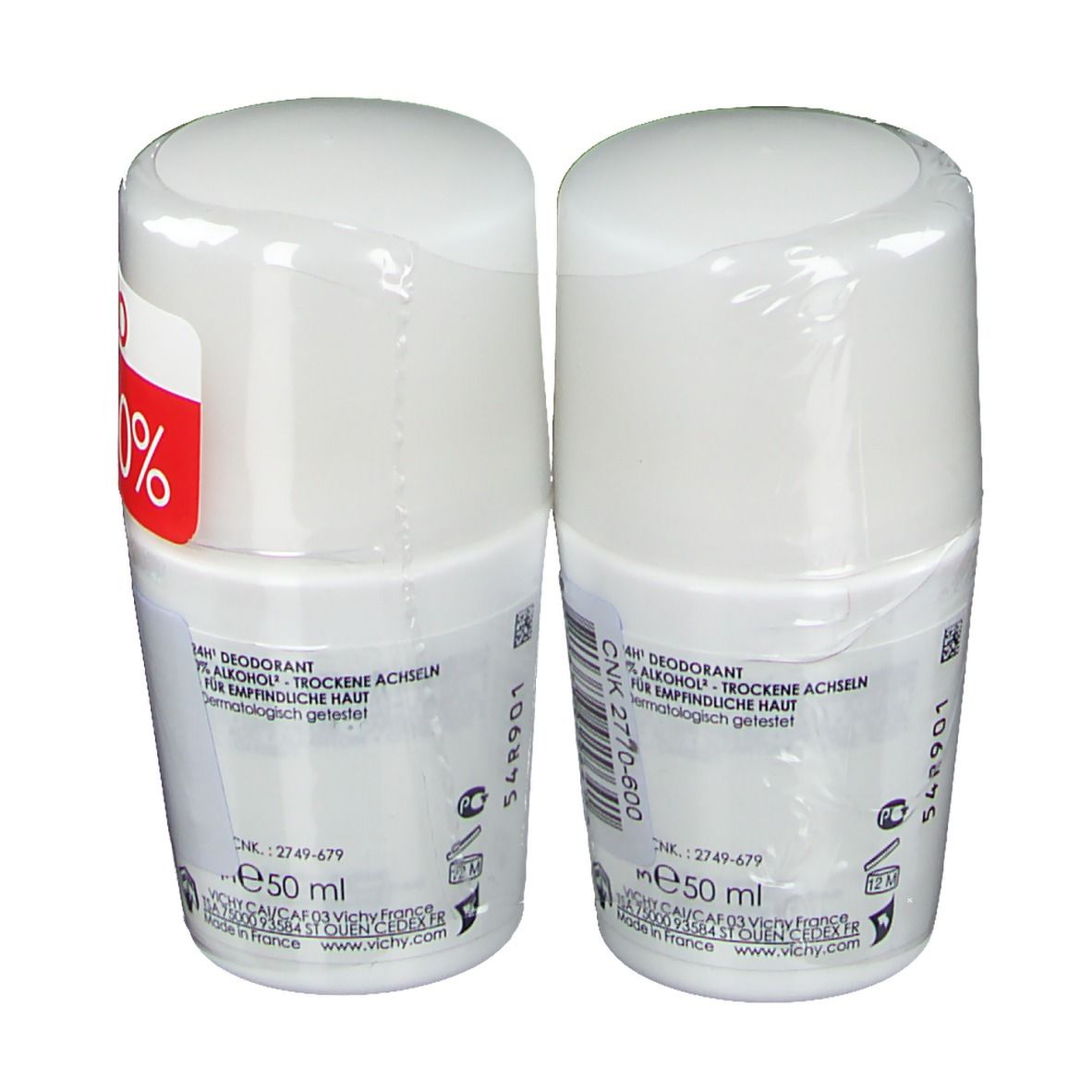 Deux roll-on blancs emballés. Marque VICHY. Inscription: 0% alcool, 24H. Taille: 50 ml. Pour peaux sensibles.