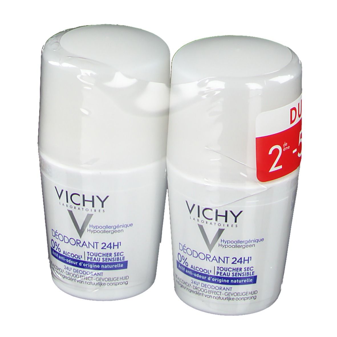 Deux roll-on blancs emballés. Marque VICHY. Inscription: 0% alcool, 24H. Pack Duo avec autocollant rouge.
