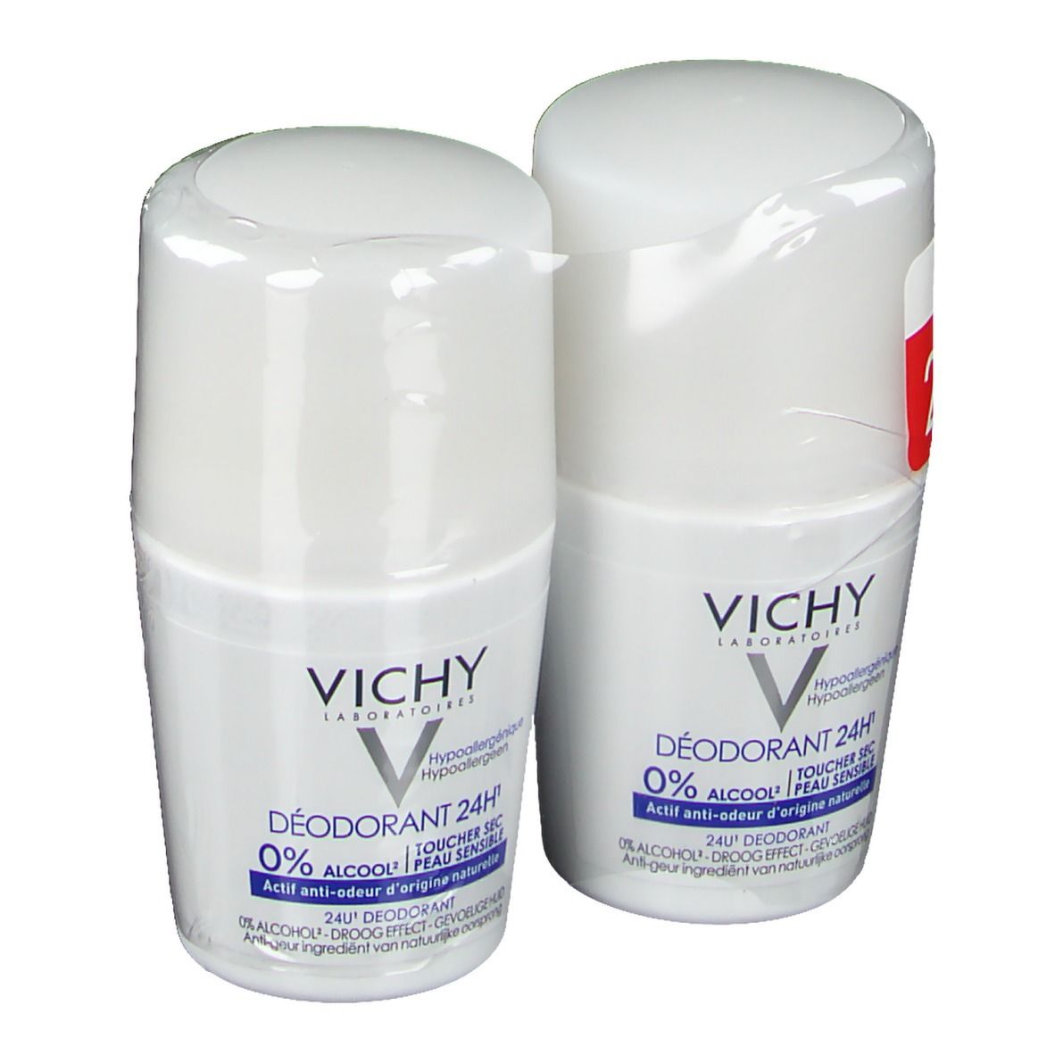 Deux roll-on blancs emballés. Marque VICHY. Inscription: 0% alcool, 24H. Pour peaux sensibles.